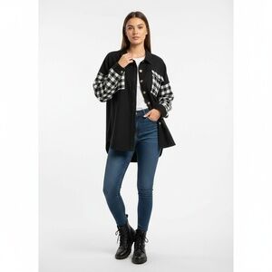 Haptics Womens Black Plaid Oversized Flannel Patches Button Down Shirt Jacket 1X